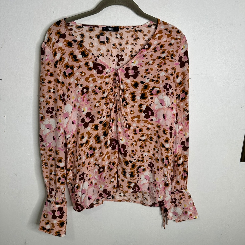 PAIGE Pink Leopard Floral 100% Silk V-Neck Blouse Tie Cuffs Animal Print READ
